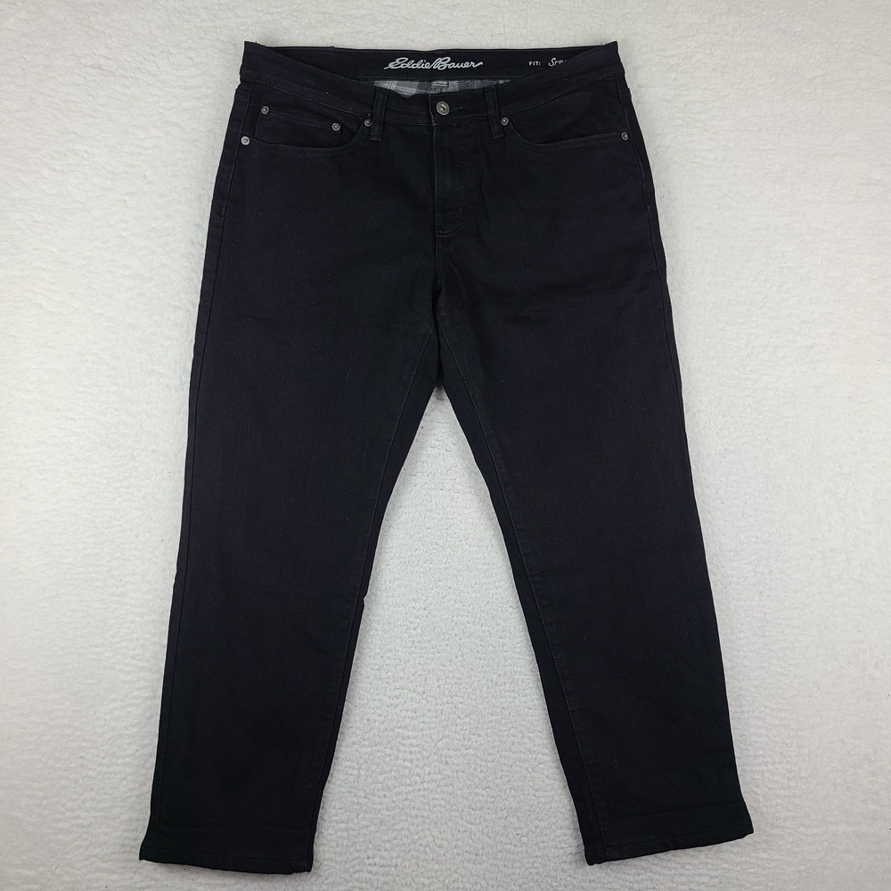 Eddie Bauer Jeans Mens 34x29 Black Wash Straight Fit Denim Plaid Fleece Lined